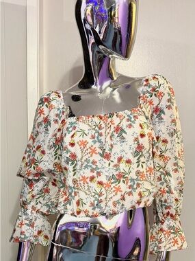 Spring Special🌷💗Alice + Olivia White Floral Square-Neck Puff Sleeve BOHO Blouse